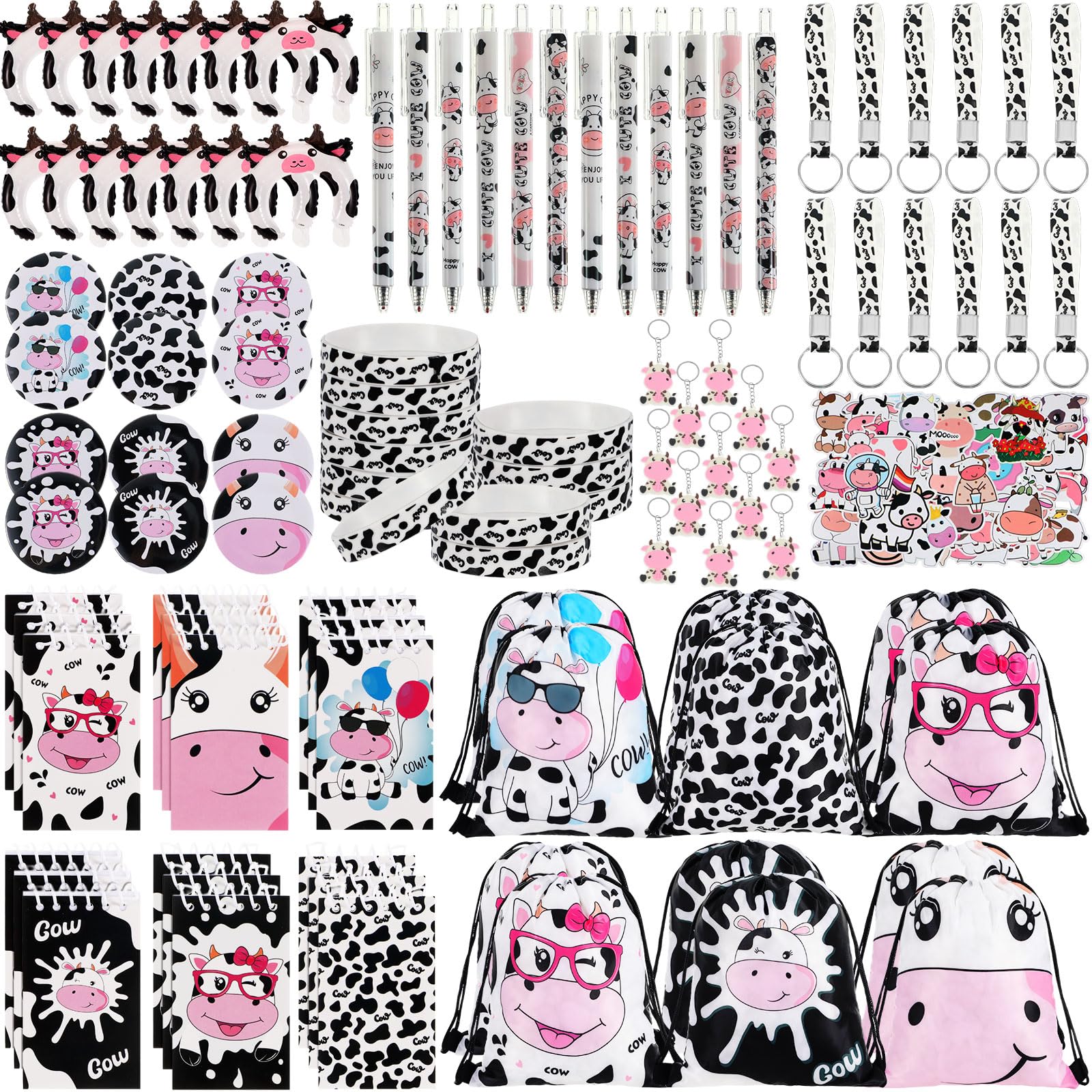 152 Pcs Cow Party Favors Supplies Include Cow Drawstring Goodie Bag Silicone Bracelets Cow Keychain Cow Stickers Spiral Notepads Bulk Inflatable Headbands Button Pin Pens Cow Print Notebook for Kid
