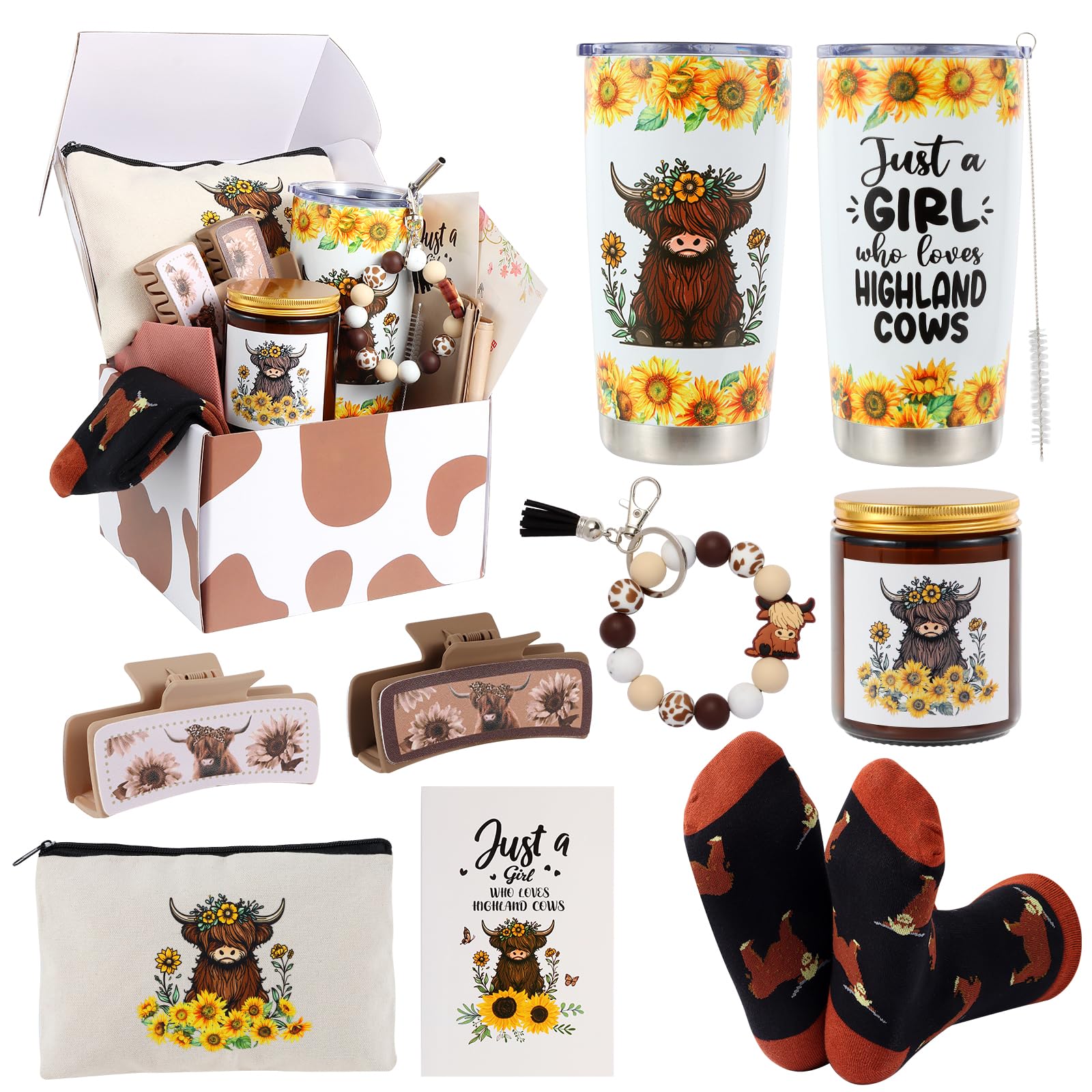Highland Cow Gifts for Women Highland Cow Stuff Cow Themed Gifts for Cow Lovers Include Tumbler Mug Makeup Bag Hair Claw Clips Keychain Socks Candle Card for Highland Cow Lover Birthday Christmas