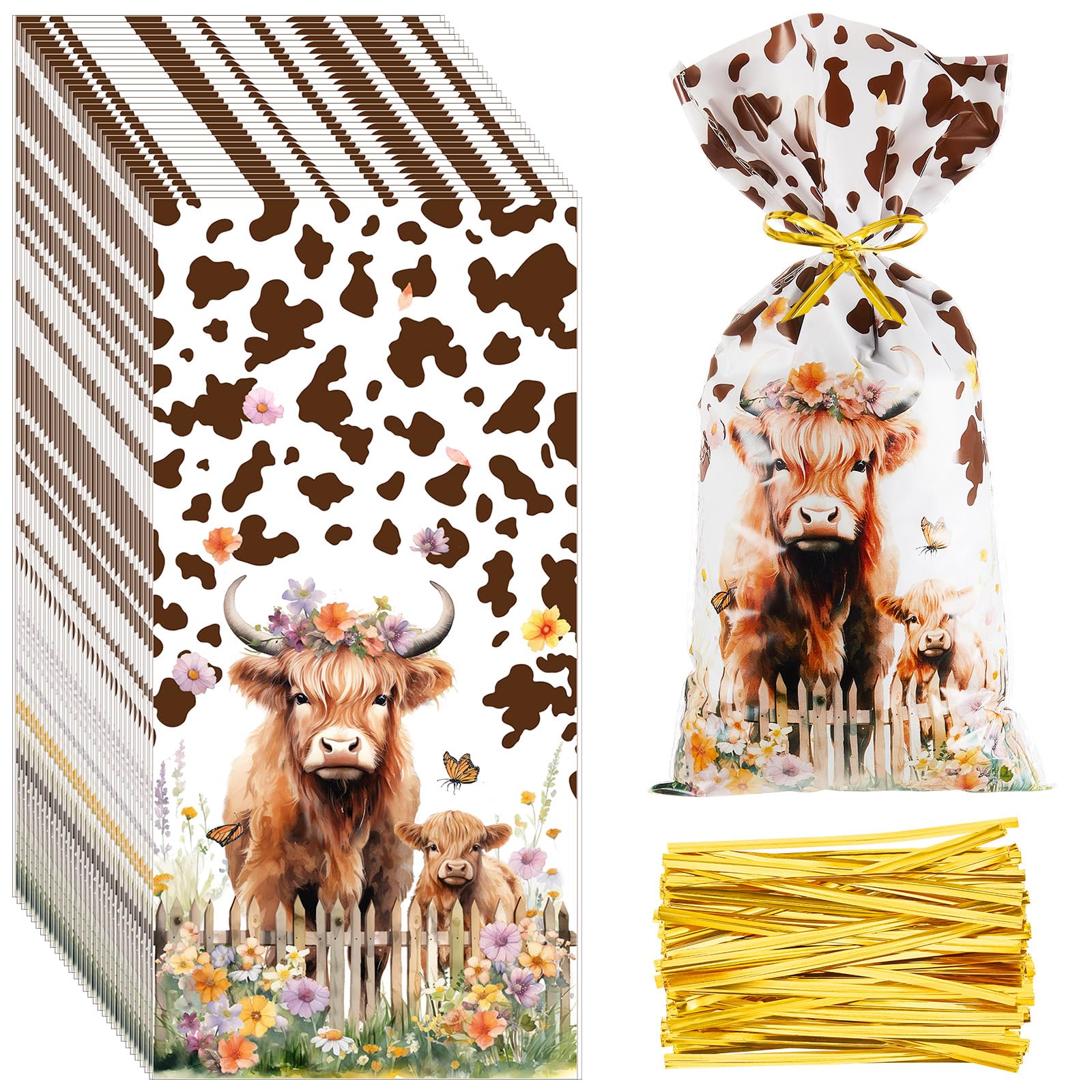 Engrowtic 100 Pcs Highland Cow Party Favor Bags Highland Cow Treat Bags Highland Cow Party Cellophane Bags Cow Goodie Bags Gifts Bags with Twist Ties for Highland Cow Decorations Party Supplies
