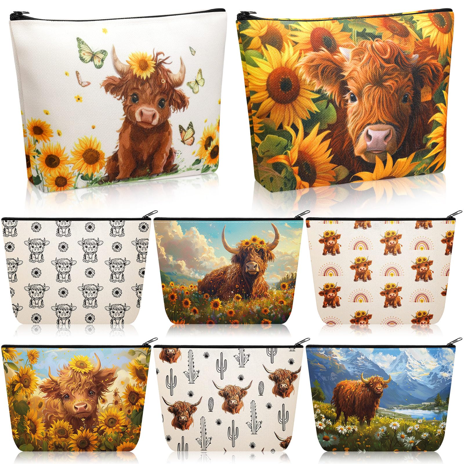 Bulyoou 8 Pcs Highland Cow Gifts for Women Western Makeup Bag Sunflower Highland Cow Print Cosmetic Bag Travel Organizer Zipper Pouch Western Accessories for Highland Cow Lover Cowgirl Christmas Gifts