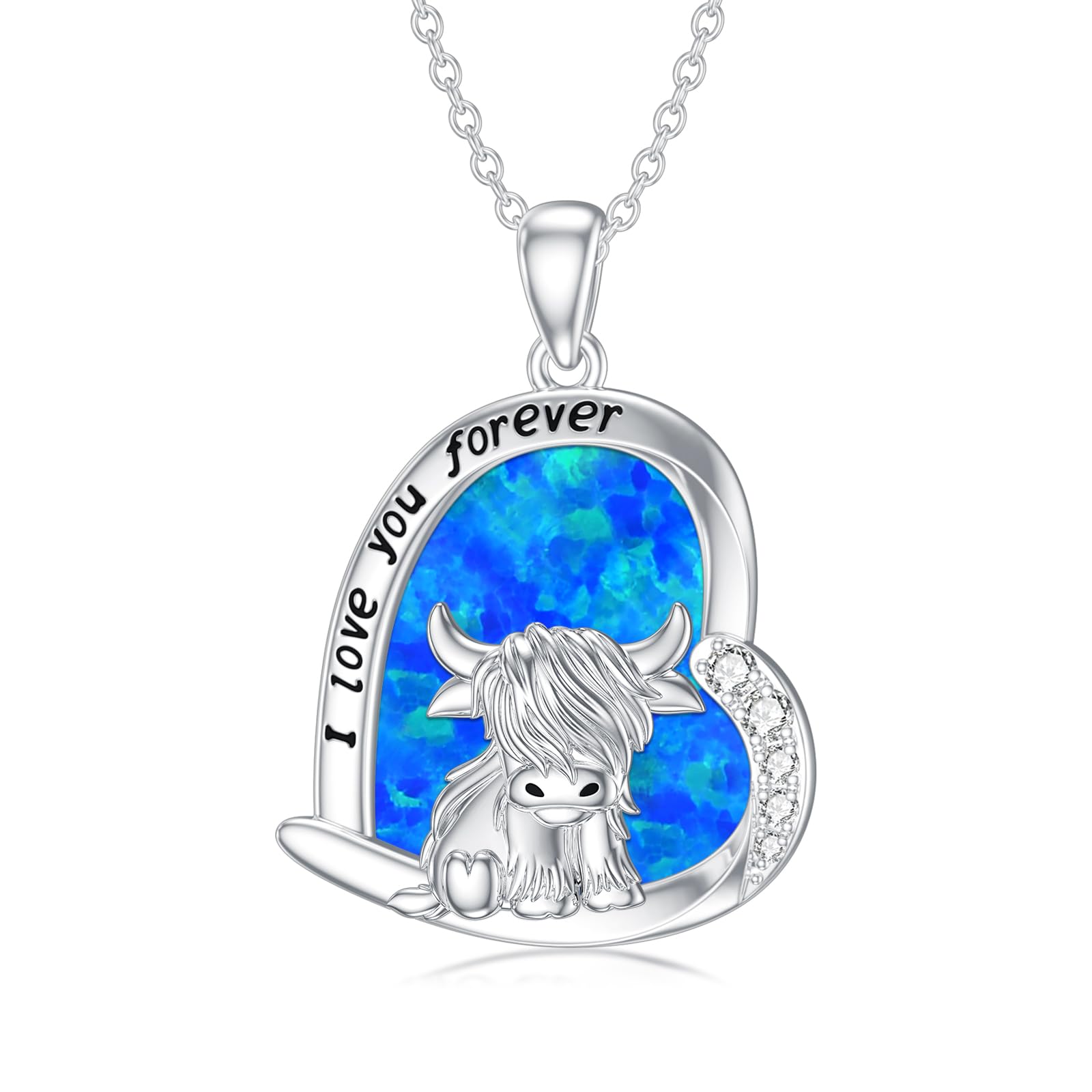 MEIDERBO Highland Cow Gifts for Women 925 Sterling Silver Highland Cow Necklace Highland Cow Jewelry Blue Opal Necklace for Women Cow Lover