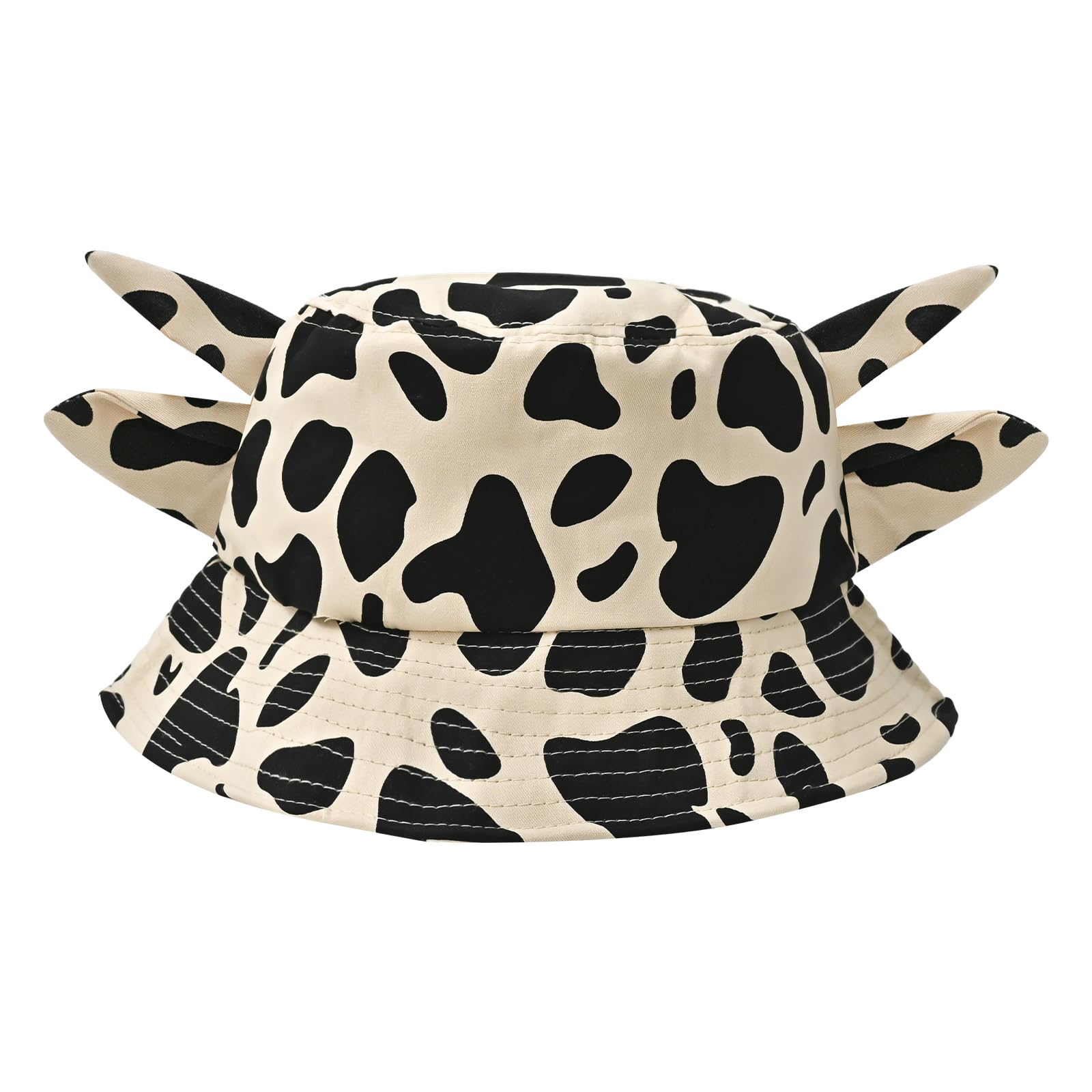 Cow Print Bucket Hat with Cute Horn Ears Cow Print Summer Beach Sun Hat Fishermans Cow Bucket Hat Khaki