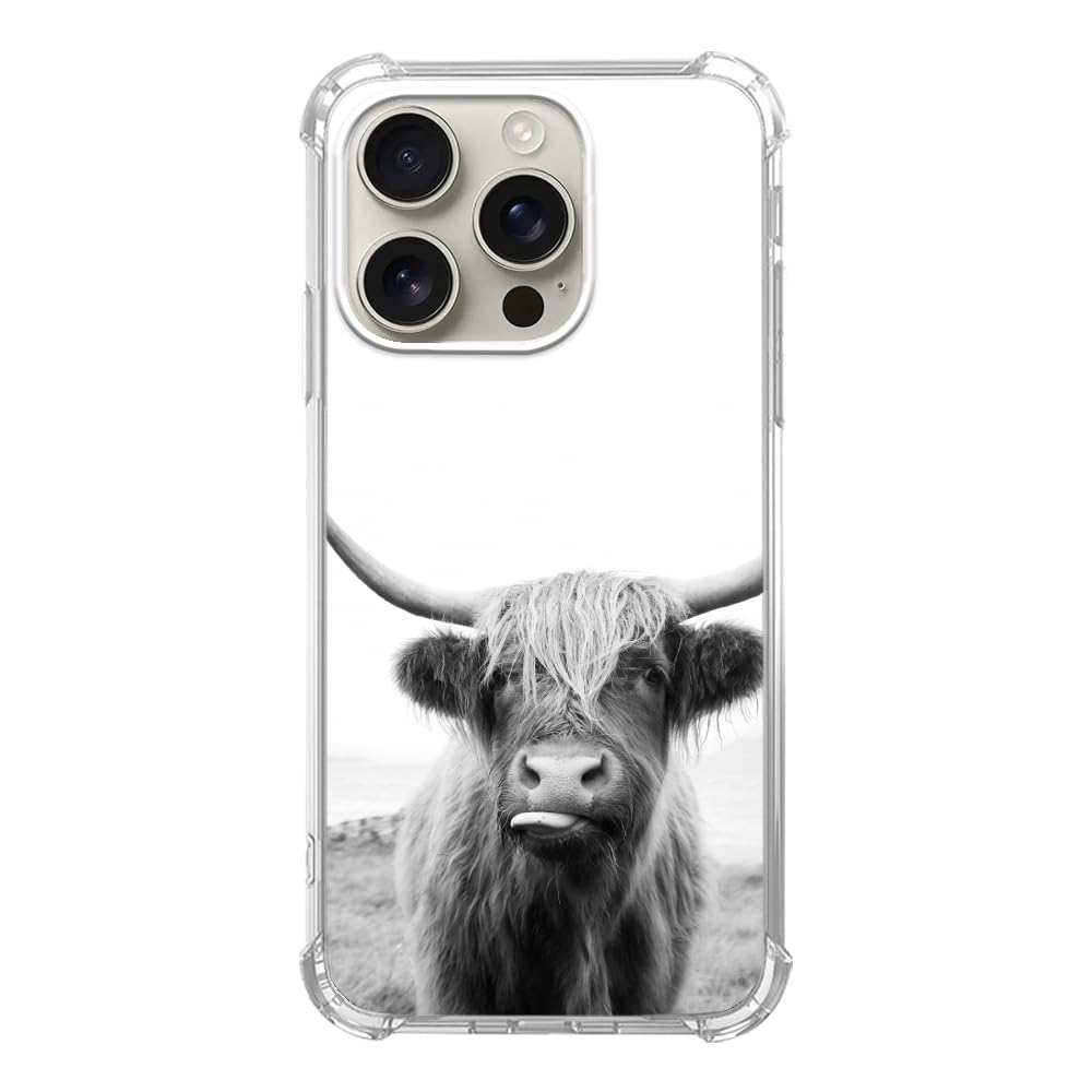 Mofreore Black White Highland Cattle Case Compatible with iPhone 16 Pro Cute Cool Scottish Cow Case for iPhone 16 Pro Cool TPU Bumper Phone Cover Case