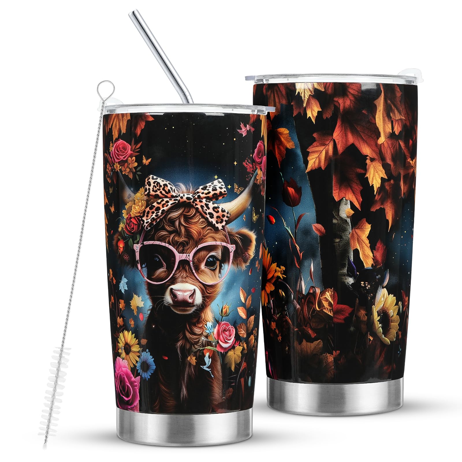 wanTAGO Highland Cow Gifts 20oz Stainless Steel Cute Cow Print Tumbler with Lid & Straw Scottish Coffee Travel Mug for Birthdays Christmas Mothers Day
