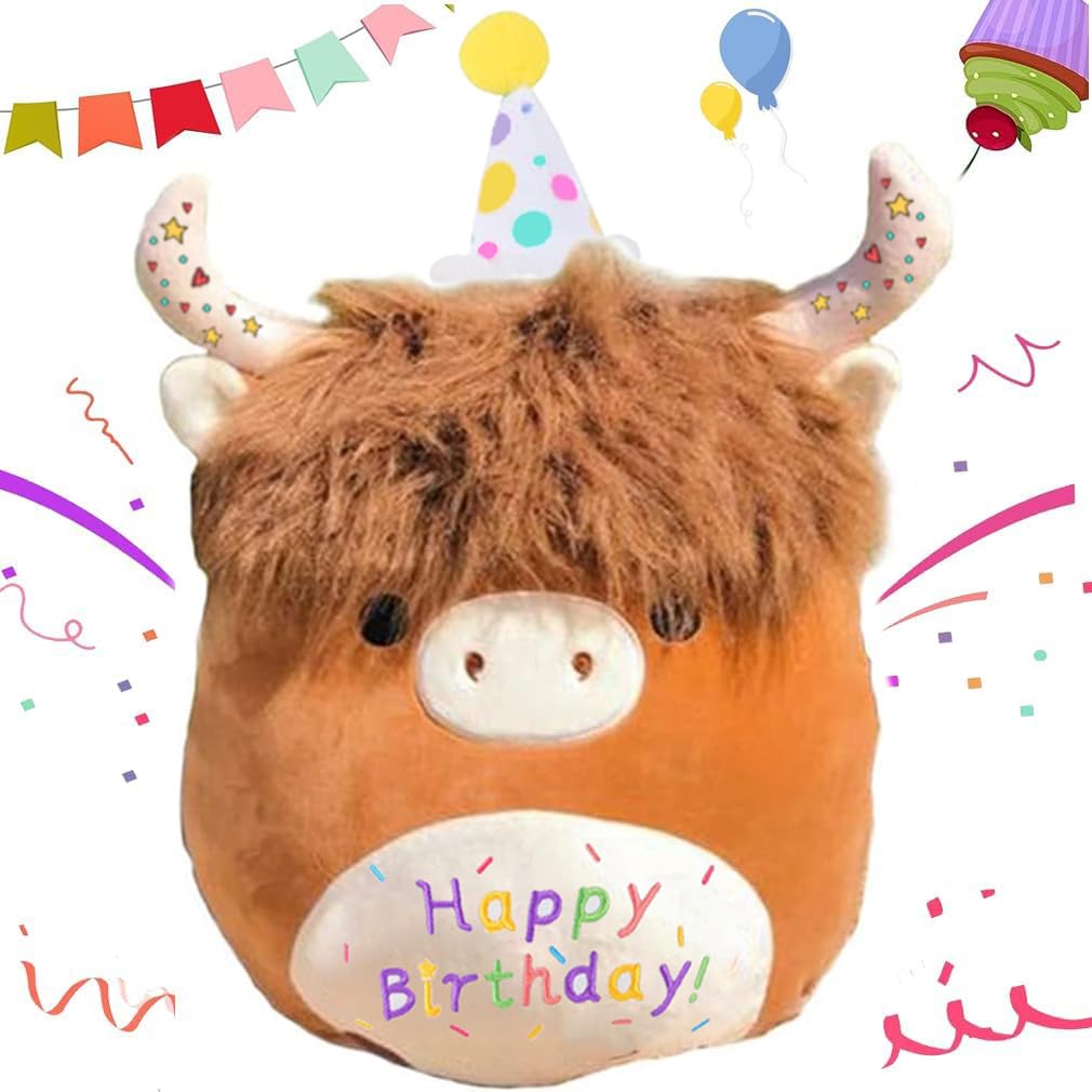 12 Happy Birthday Highland Cow Plush Toy Soft Birthday Scottish Highland Cow Stuffed Animal Cute Cow Plushies Pillow Gifts for Girls Birthdays Valentines Day