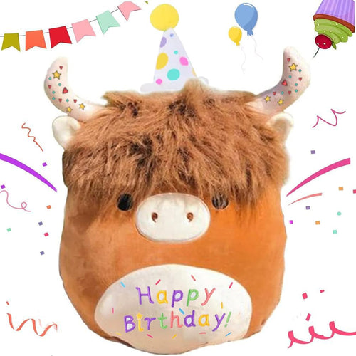 12 Happy Birthday Highland Cow Plush Toy Soft Birthday Scottish Highland Cow Stuffed Animal Cute Cow Plushies Pillow Gifts for Girls Birthdays Valentines Day