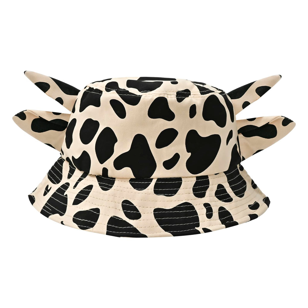 Cow Print Bucket Hat with Cute Horn Ears Cow Print Summer Beach Sun Hat Fishermans Cow Bucket Hat Khaki
