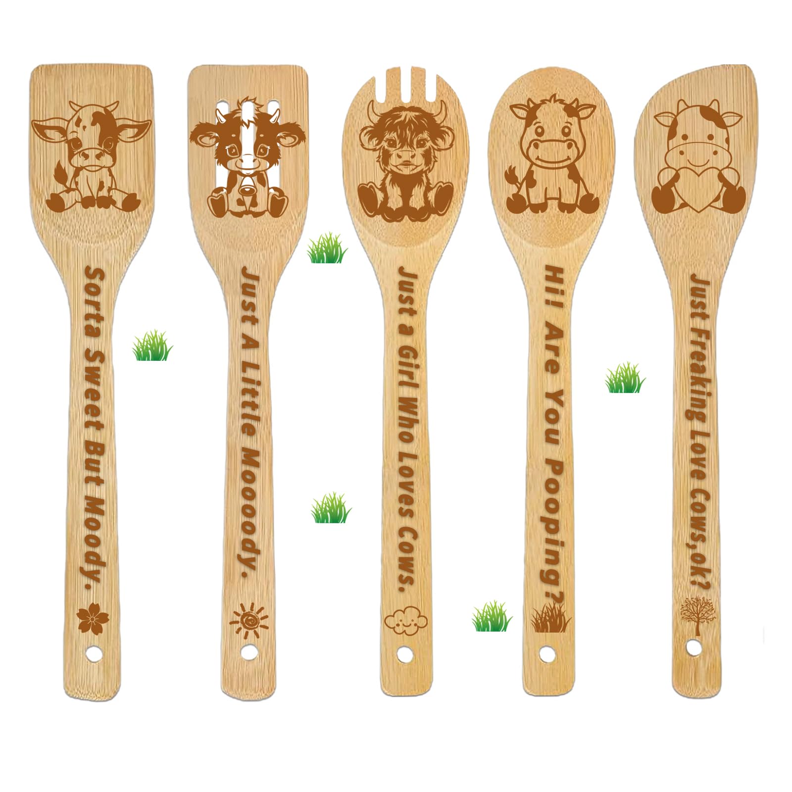 Cow Wooden Cooking Spoons 5Pcs Highland Cow Gifts for Women Cow Kitchen Decor for Cow Lovers Bamboo Wooden Spoons for Cooking Cow Stuff Party Favors Housewarming Wedding
